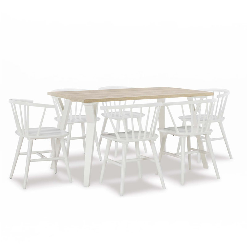 Ensemble de salle à manger en bois naturel 7 pièces, table de salle à manger avec 6 chaises Windsor élégantes
