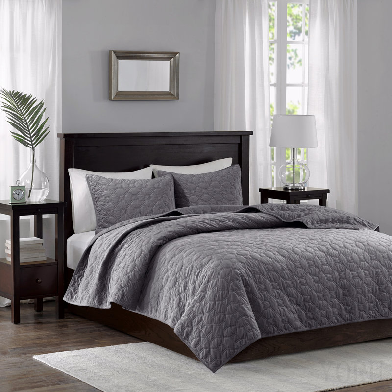 3 Piece Velvet Quilt Set Grey Full/Queen