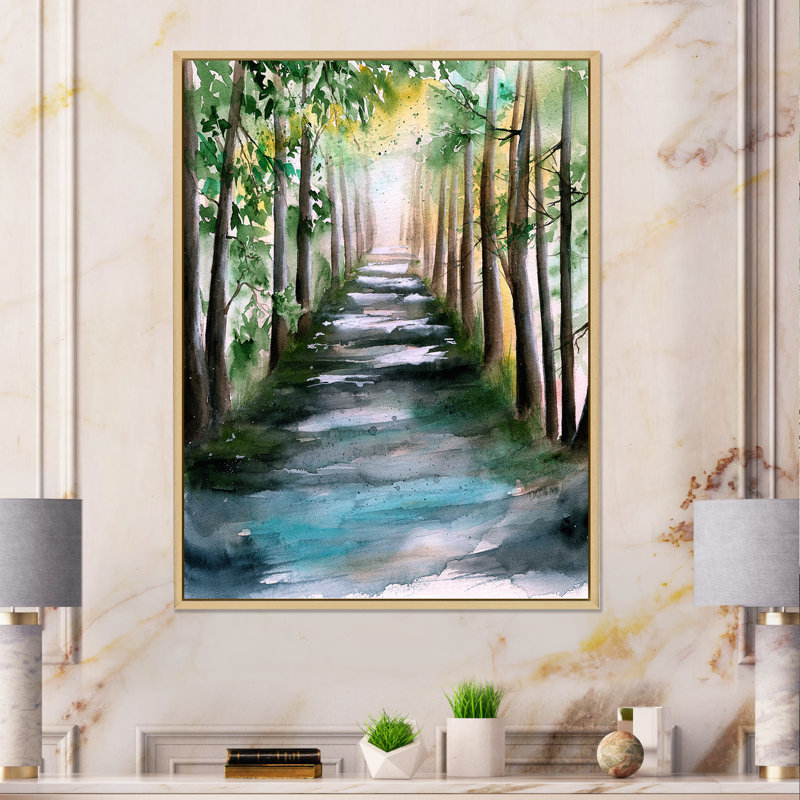 Une allée de forêt ensoleillée avec des ombres d'arbre - peinture sur toile, H 44 po x l 34 po, Toile avec cadre en érable