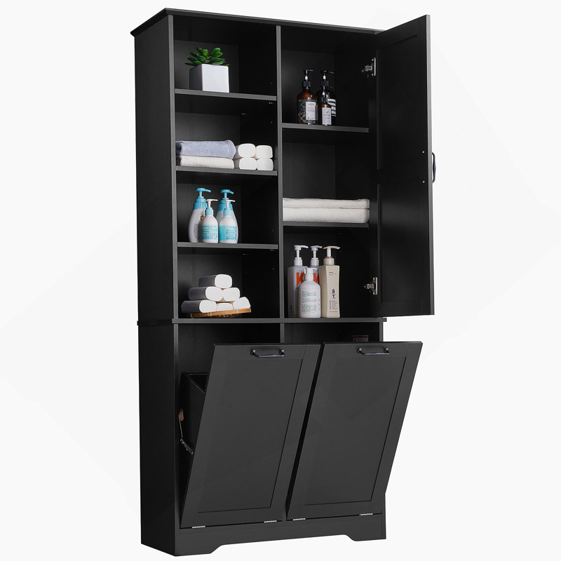 Bathroom Storage Cabinet With Doors And Drawers, Tilt-Out Laundry Hamper, Multiple Storage Space, Freestanding Style, Open Shelve, Adjustable Shelf, Black