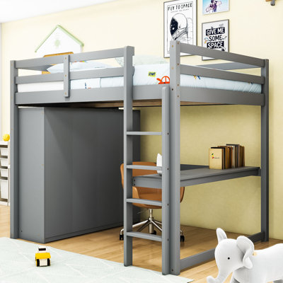 Full 3 Drawers Wood Loft Bed With Built-In Desk, Wardrobe And Shelves