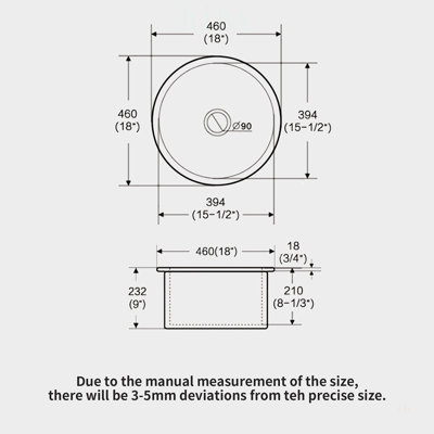 18x18x9 Inch Dual Mounted Single Bowl Porcelain Fireclay Circular Kitchen Sink with Drain Assembly and Bottom Grid, Durable and Easy to Clean