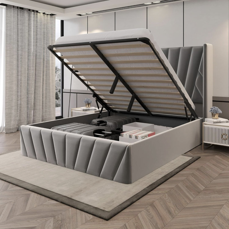 Lit de rangement haut avec tête de lit tapissier Iginia, Grand lit, Gris foncé