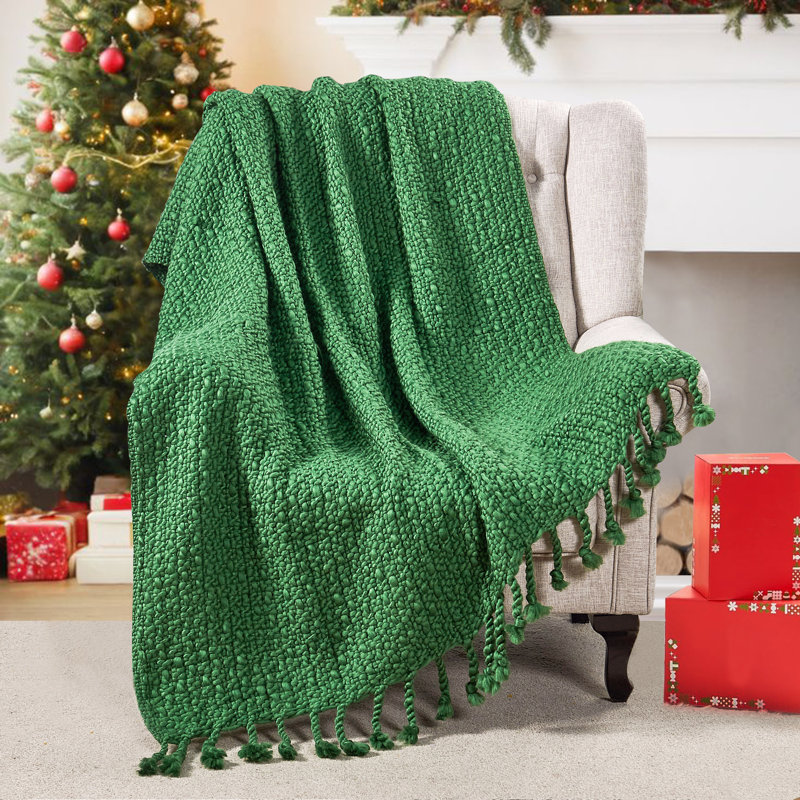 Knitted Blanket with Fringe, Green