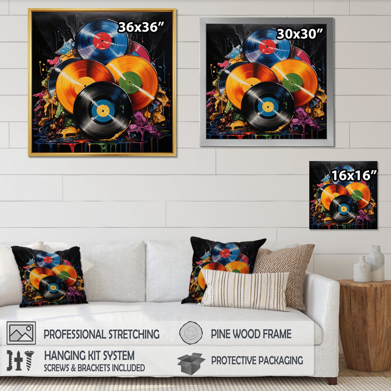 Coloré disques vinyle Melody I - Art mural disques vinyle, H 30 po x l 30 po x P 1 po, Cadre flottant doré