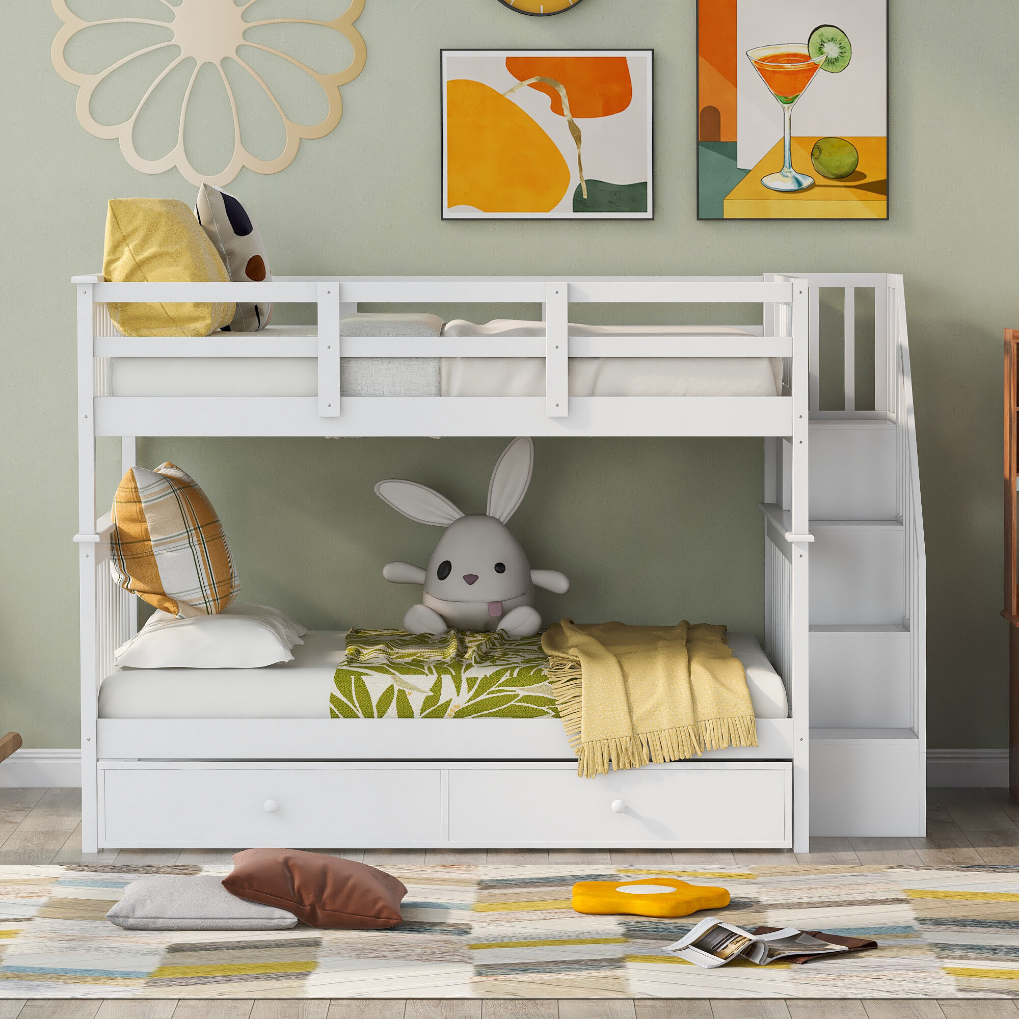 White bunk bed store with steps