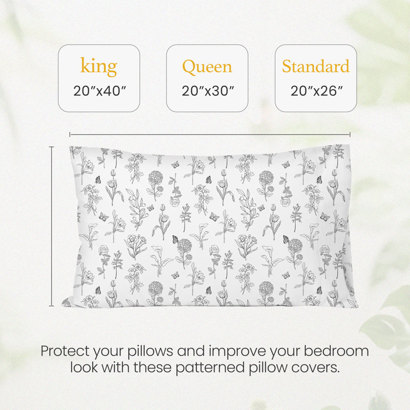 Digital Printed Patterned Fabric Pillowcases Set, Black Floral, Queen Pillow Case