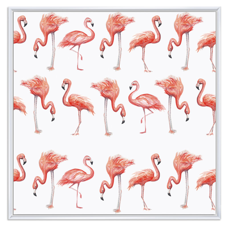 Flamant rose, croquis, H 16 po x l 16 po x P 1 po, Cadre flottant blanc