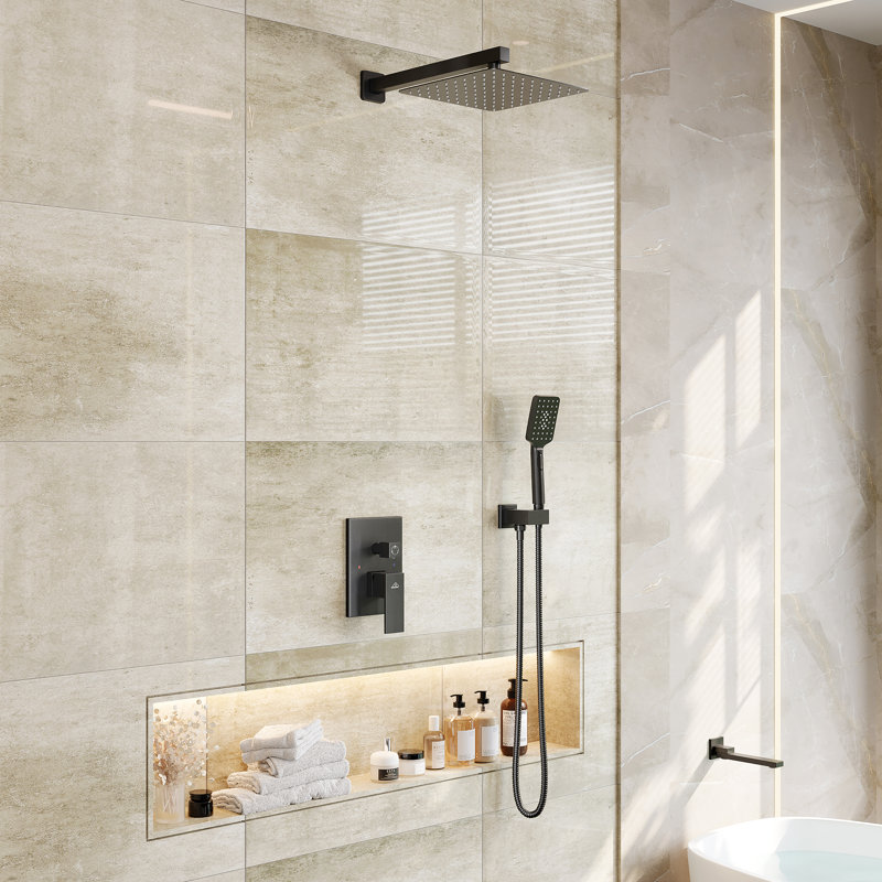 Matte Black 12" Wall Mount Square Shower System with Handheld Spray