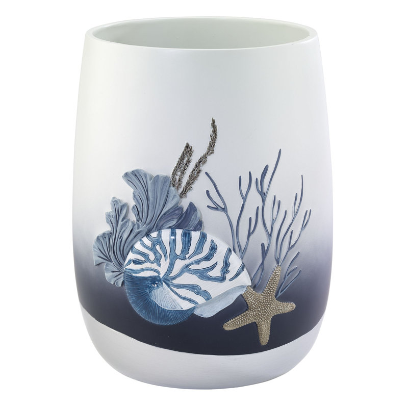 Blue and White Resin Coastal Wastebasket with Starfish