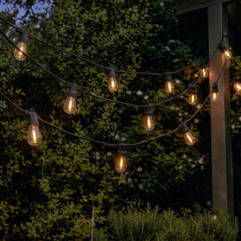 Ambience Pro 27 ft. Solar Outdoor Patio LED String Lights with 12 Warm White S14 Edison Bulbs, Weatherproof, No