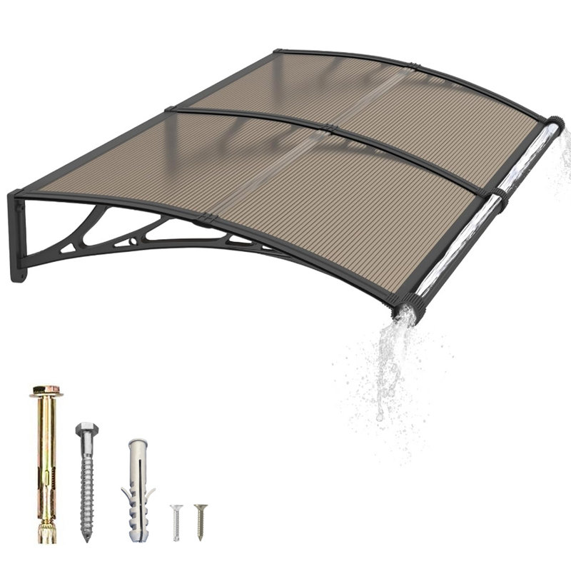 Window Awning Door Canopy Polycarbonate Panel with Large Drainage Grooves  Bracket Outdoor Patio Shelter, Brown/Black