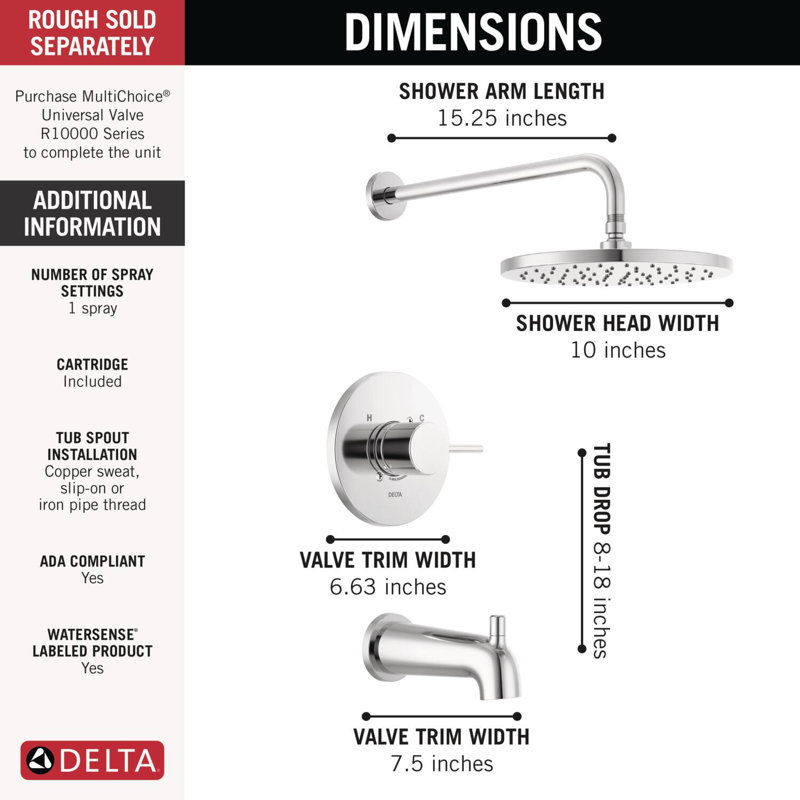 Modern Raincan Round Single-Function Tub and Shower Faucet Set, Valve Trim Kit, Rainfall Shower Head, Chrome