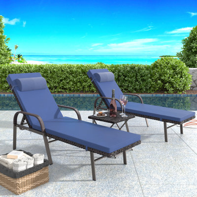 Ensemble 3 pièces de chaise longue en osier toutes saisons avec dossier réglable à six positions et coussins en mousse haute résilience