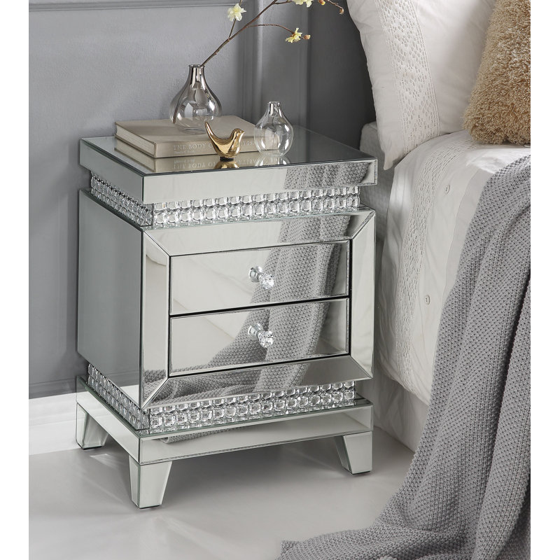 ACME Lotus Accent Table, Mirrored, Faux Ice Cube Crystals