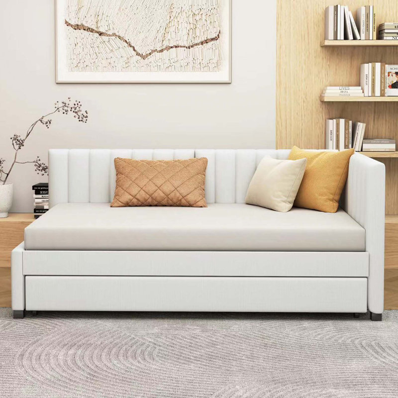 Upholstered Daybed With Trundle Sofa Bed Frame No Box Spring Needed, Linen Fabric, Twin, Beige
