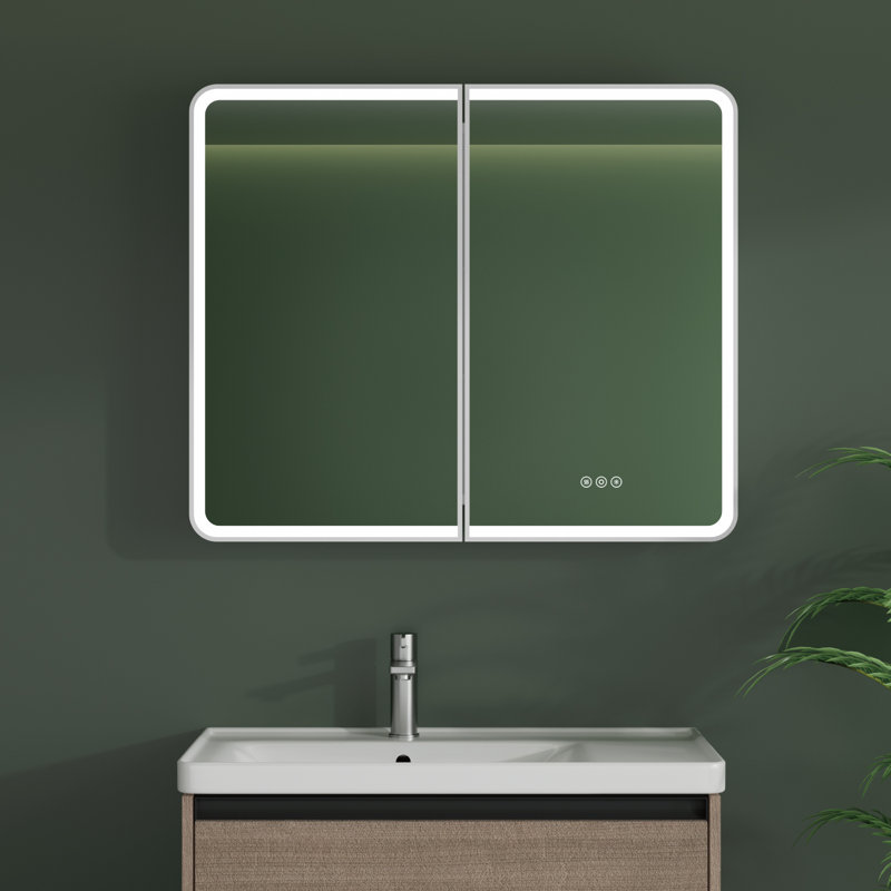     Brendyn 32'' W x 30'' H LED Medicine Cabinet with Mirror, Dimmable & Color Adjustable Lighting, Anti-Fog, Memory Function, Adjustable Glass Shelves, Recessed or Surface Mount, ETL Listed