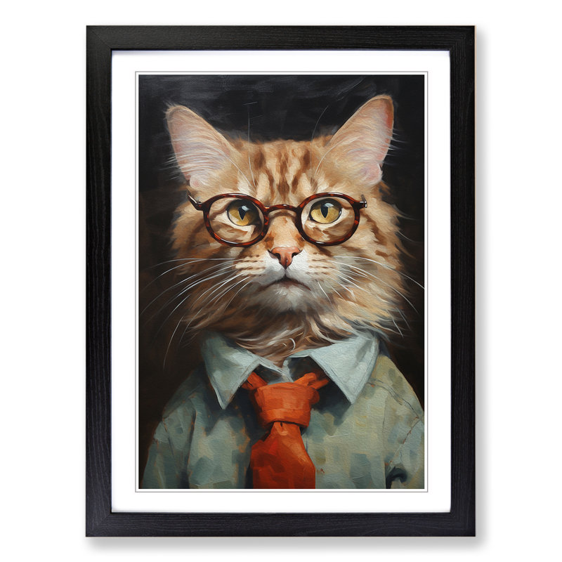 Cat With Glasses No.2 - Single Picture Frame Print on Wood, Black , 64cm H x 46cm W x 2cm D