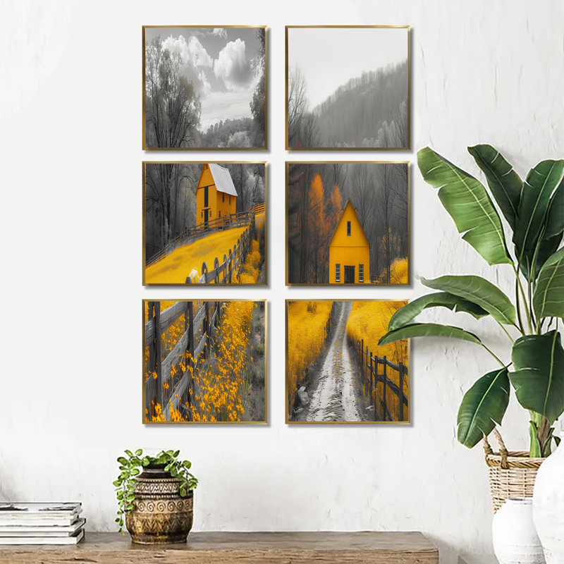 Ensemble de 6 reproductions de toiles de grange jaunes et grises, Impression encadrée sans passe-partout, Doré