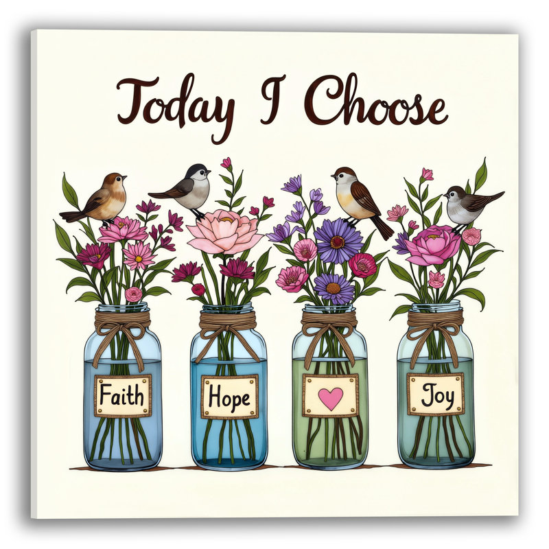 «Today I chois Floral Jars and Birds», art mural sur toile tendue, 20"W x 20"H x 1.5"D