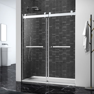 Double Sliding Frameless Shower Door In Brushed Nickel With Soft-Closing And 3/8 Inch Clear Glass