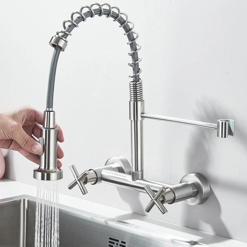 Brushed Nickel Commercial 8 Inch 2 Handle Wall Mount Kitchen Sink Faucet with Pull Down Sprayer, Brushed Nickel