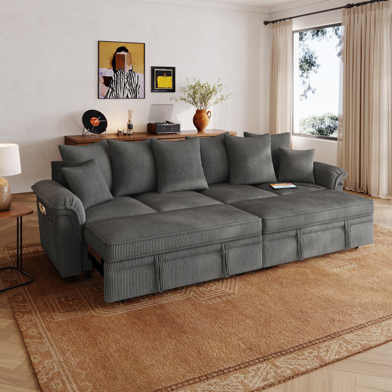  Felipe 110‘‘ Upholstered Modular Pull-out Sofa Bed with USB Charging & Side Pockets, Lena Gray, 37.5'' H X 110'' W X 56'' D