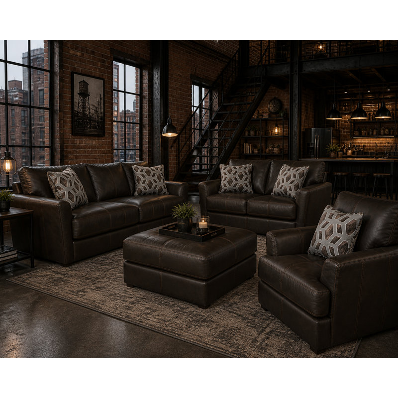  Donevan 4 Piece Genuine Leather Living Room Set, Brown Genuine Leather