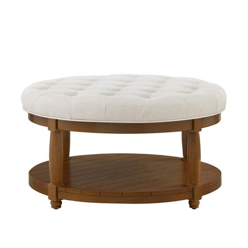 Large Round Upholstered Tufted Linen Ottoman Coffee Table, Large Footrest Ottoman with Wood Shelf Storage- Ivory, Ivory