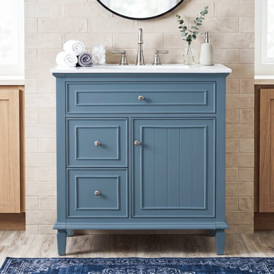 Meuble-lavabo autoportant en bois massif de 30 po + panneau de fibres à densité moyenne avec lavabo intégré en céramique, meuble de salle de bain gris-bleu avec charnières et glissières à fermeture en douceur, tablette réglable, tiroir et poignées rabattables