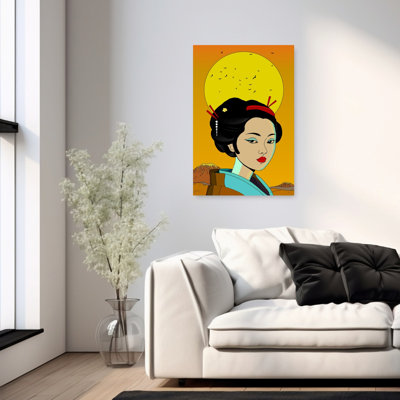 Elegant Japanese Geisha Classic Elegant Serene Bird Mountain Portrait Wall Art Print 1 Piece Wrapped Canvas Wall Art