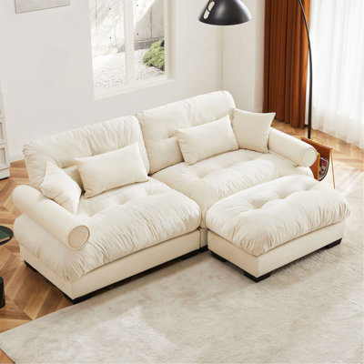 Canapé deux places surdimensionné moderne avec repose-pieds, fauteuil 2 places en velours avec accoudoirs à traversin rond, avec coussin de taille et coussins décoratifs, petit canapé en forme de L pour le salon, la salle de lecture, le loft et la chambre à coucher, crème