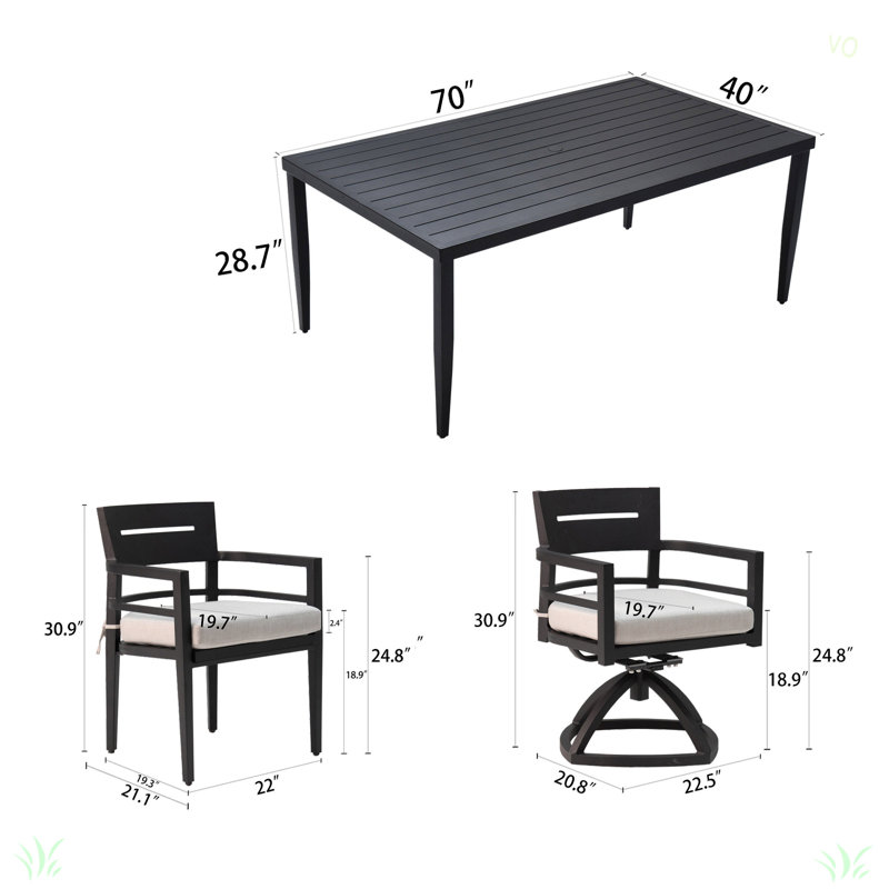 7-Piece Outdoor Patio Aluminum Furniture, Modern Dining Set, Including 6 Swivel Rockers Sunbrella Fabric Cushioned And Rectangle Dining Table With Umbrella Hole