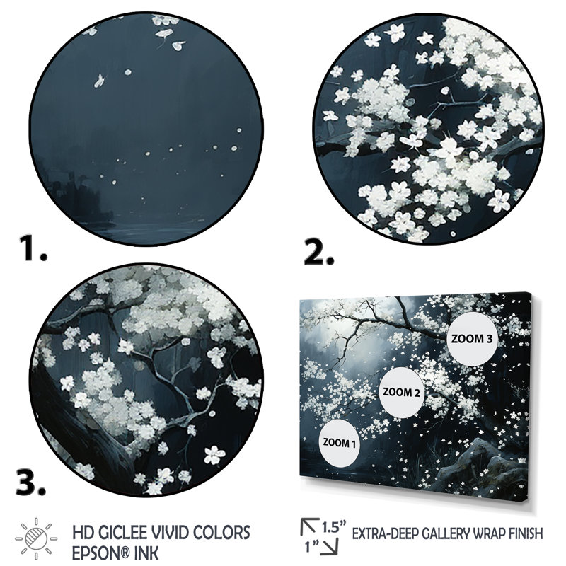 Arbre blanc et noir en fleurs - Tachisme, Cadre flottant noir, H 16 po x l 32 po x P 1 po