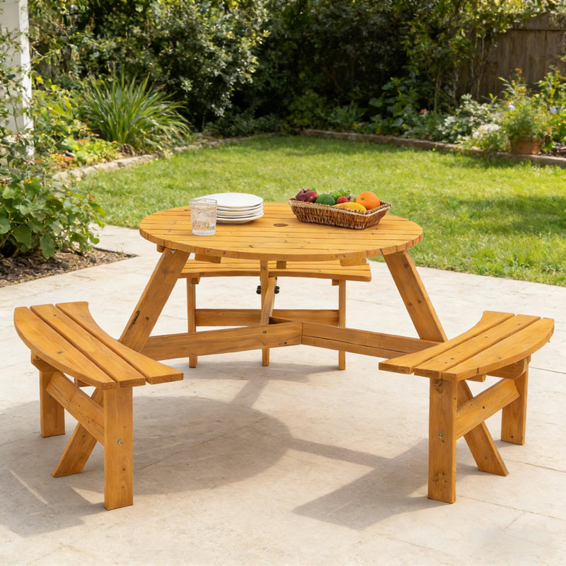 Ensemble de table de pique-nique 6 personnes avec 3 bancs intégrés et trou pour parasol, jaune, Jaune