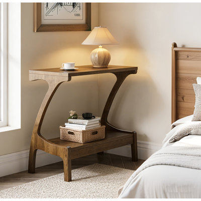 Solid Wood End Table, Narrow Side Table with 2-Tier Storage Shelf