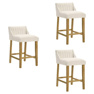 Fauna Modern Transitional Wood Counter Height Kitchen Bar Stool In Amber Glow Finish With White Boucle Fabric Upholstered Seat - Set Of 3