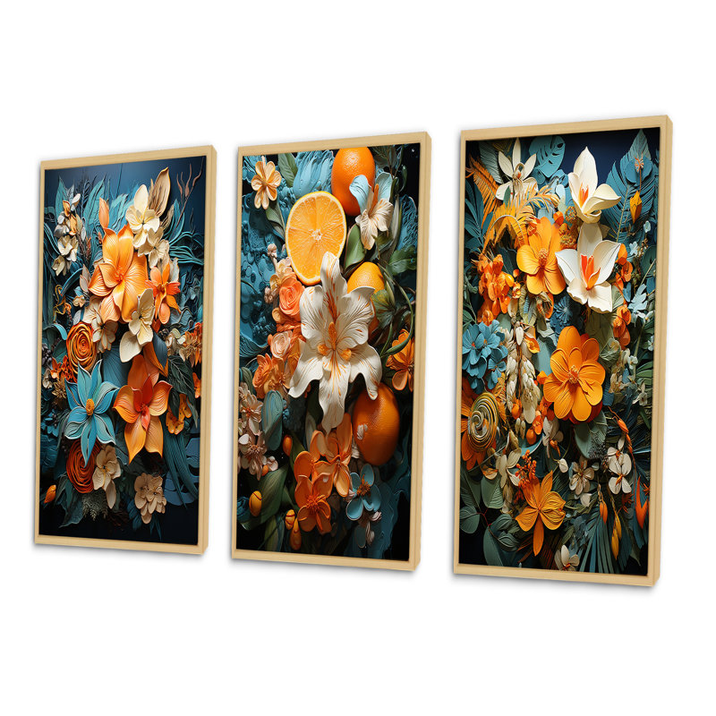 «Orange Blue Tropical Tangle», 3 pièces sur toile, Encadré naturel, H 20 po x l 36 po