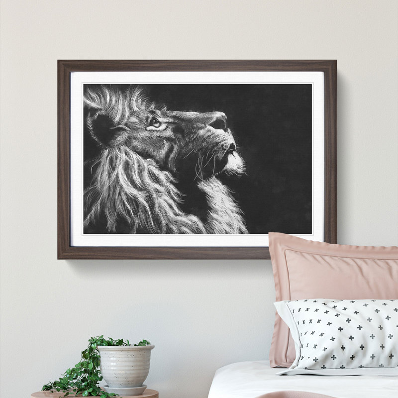 Majestic Lion Illustration - Picture Frame Graphic Art Print, 62cm H x 87cm W x 2cm D, Walnut Framed