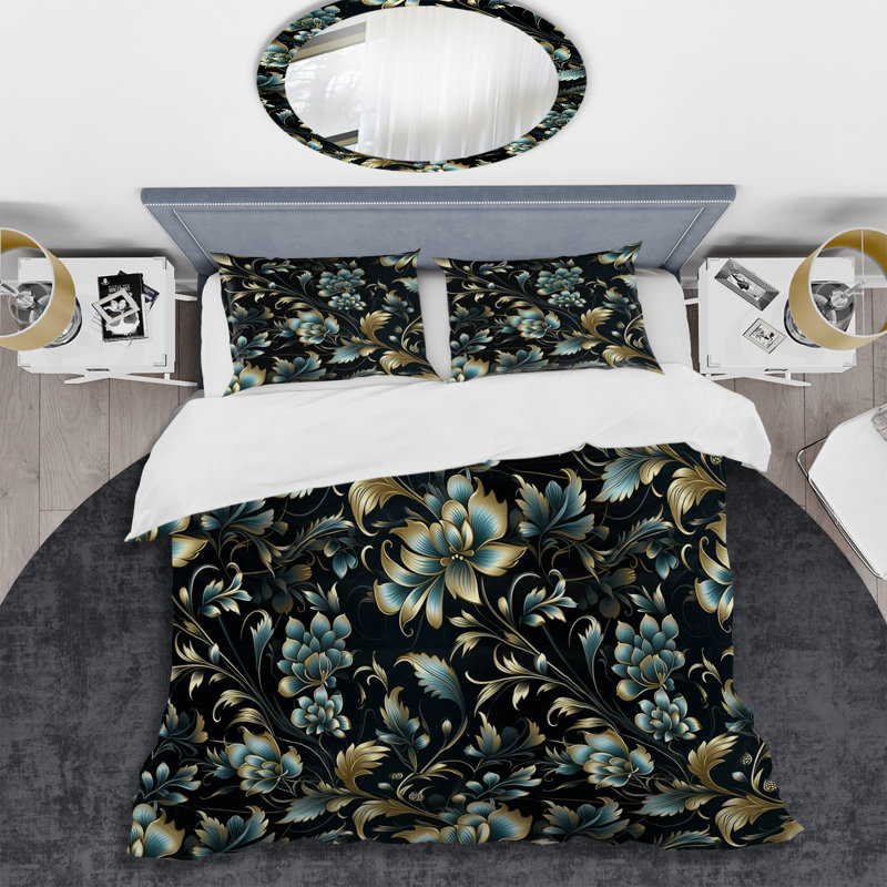 Ensemble de housse de couette Gold And Blue Luxury Damask Symphony II, Housse de couette pour grand lit et 2 taies décor