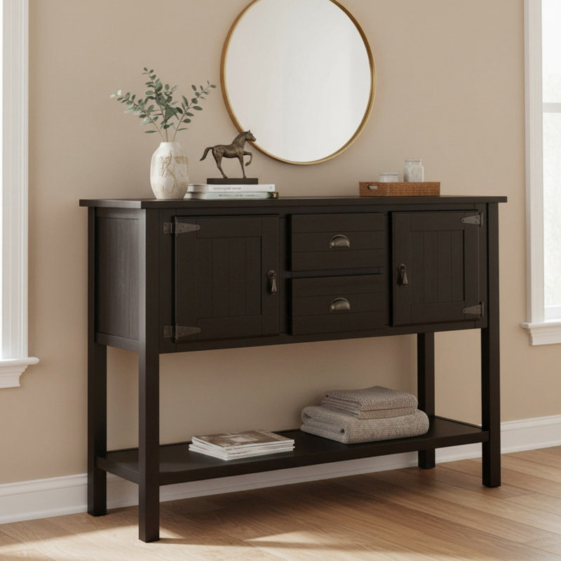 Console en bois massif 48,04 po avec 2 tiroirs et armoires, armoire de rangement pour salle à manger, Espresso