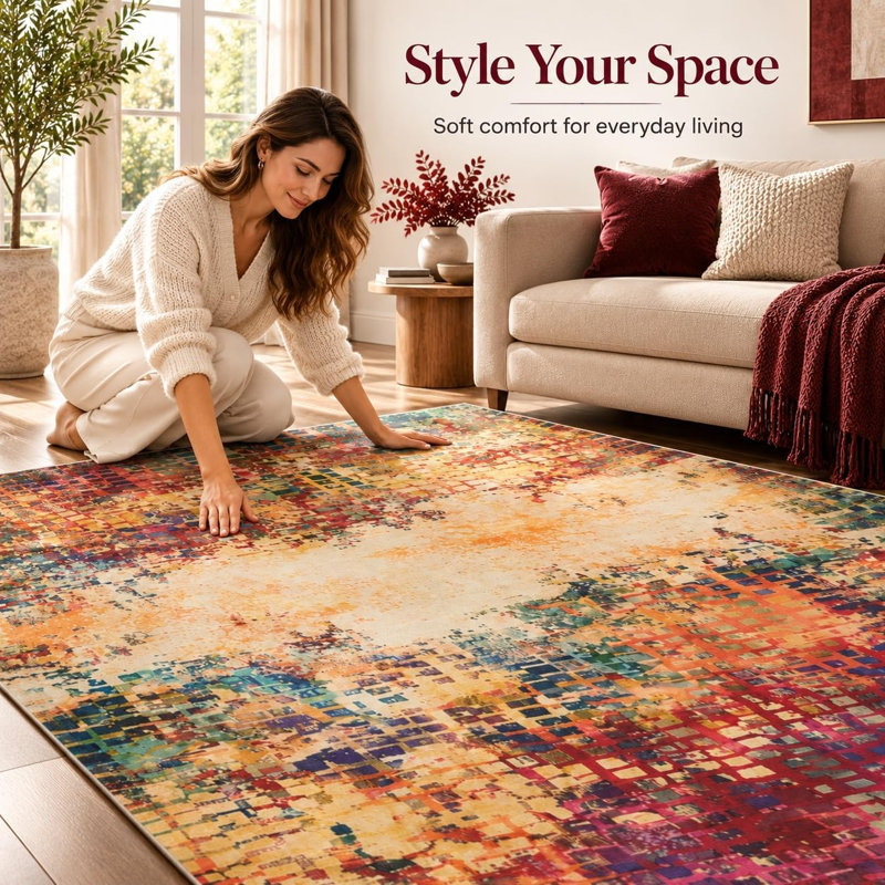 Vintage Abstract Area Rug 160x230cm, Large Faux Wool Living Room Rugs