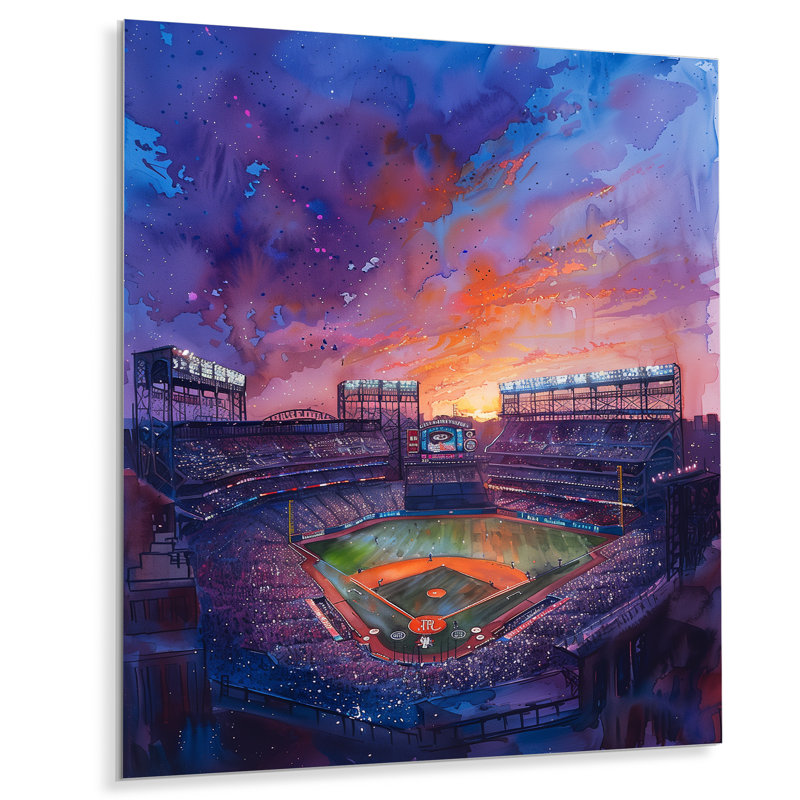Décoration murale stade de baseball mauve et orange la nuit I - Stades, H 16 po x l 32 po x P 1 po, Métal métal