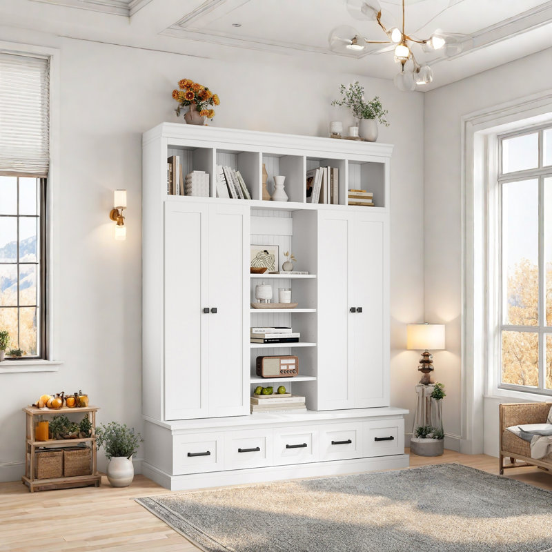 Arbre d'entrée avec banc et 5 casiers de rangement, armoire de rangement moderne avec 4 portes, 5 tiroirs et tablettes réglables pour le couloir, le vestibule et le salon