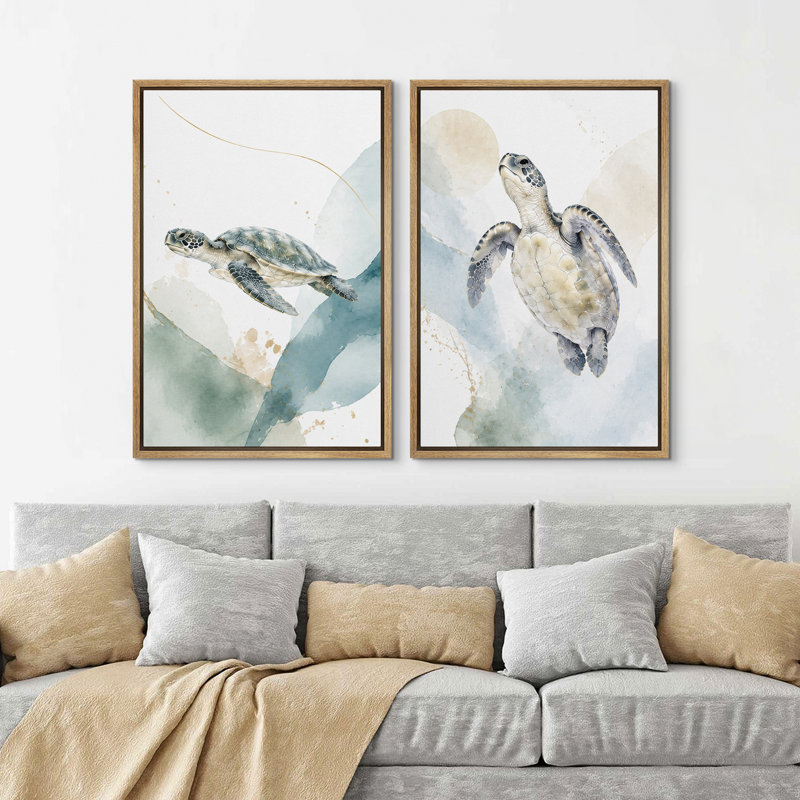 «Sea Turtle Ocean Abstract Coastal Nature», reproduction d'art encadrée sur toile, 2 pièces, 36" H x 24" W, Natural