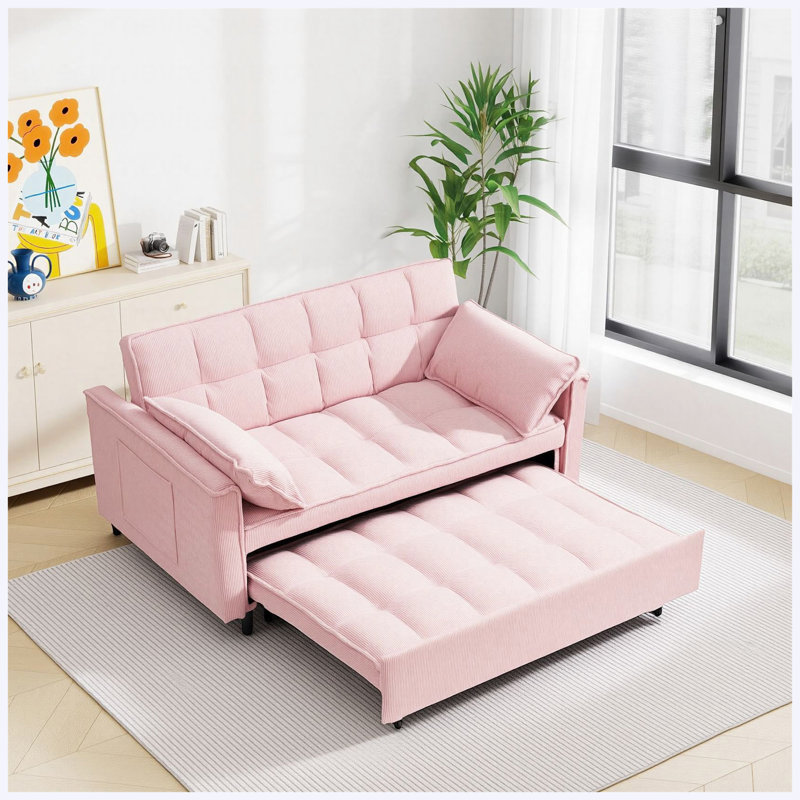 Canapé-lit modulaire 54,30 po Corduroy, causeuse avec lit escamotable, peu encombrant pour le salon, Pink Corduroy