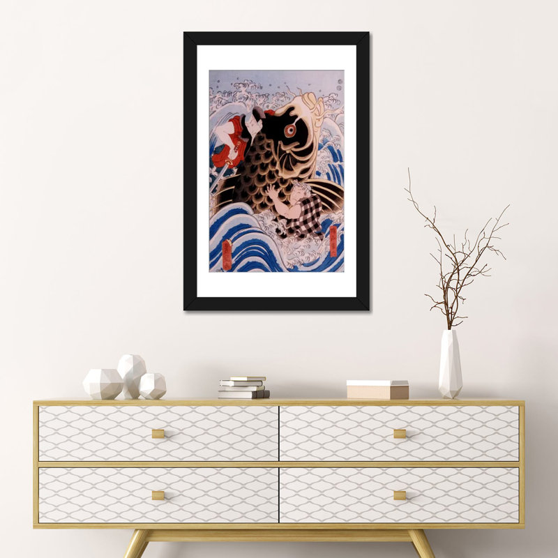 «Samourai japonais», impression sur toile tendue, H 24 po x l 16 po x P 1 po, Papier d'art encadré noir, Blanc