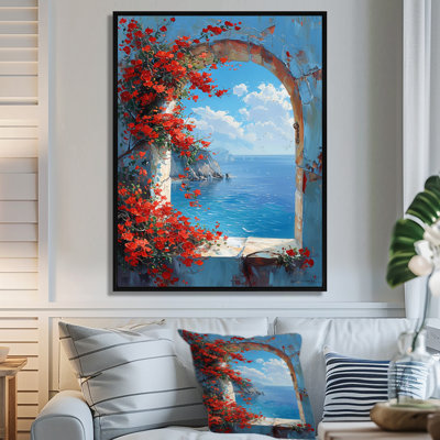 Red Flowers Window View At The Blue Ocean Horizon - Coastal Windows Wall Art Living Room