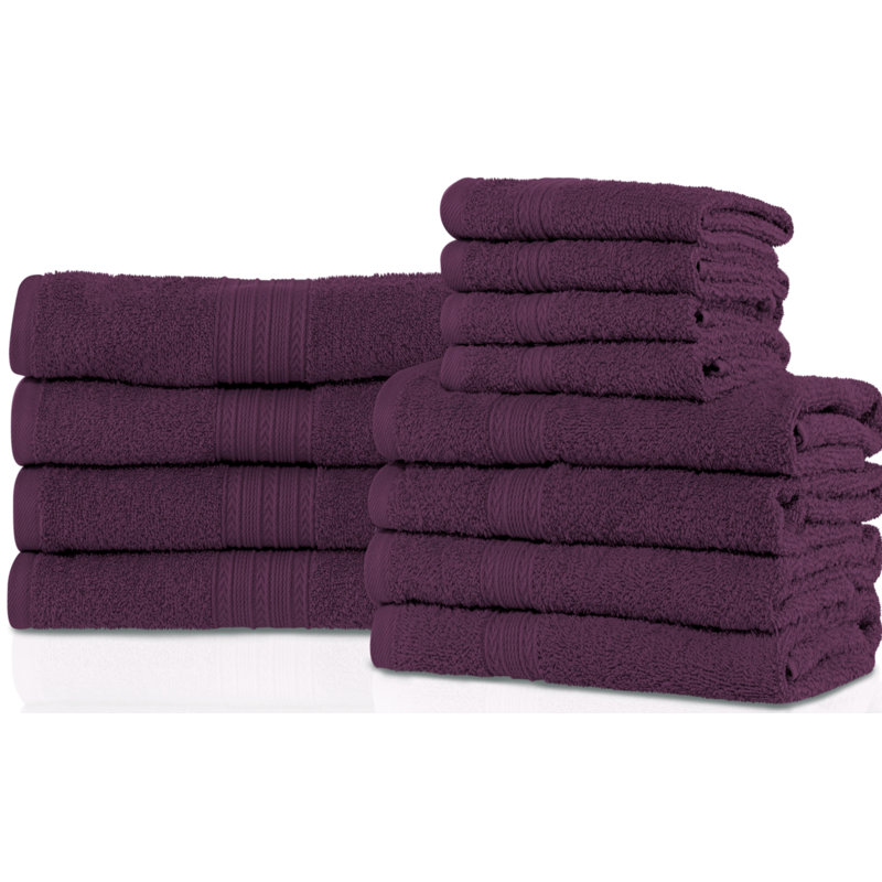 Ensemble de serviettes 12 pièces multi-tailles 100% coton absorbant écologique, Aubergine
