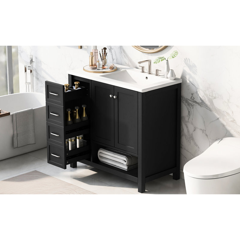 Meuble-lavabo de 36 po, noir avec lavabo, bois massif et planches, deux tiroirs à portes, lavabo en céramique, design contemporain moderne et construction, lavabo, apparence élégante